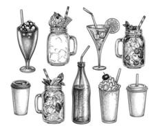 Beverages set. Ink sketch isolated on white background. Hand drawn vector illustration. Retro style.