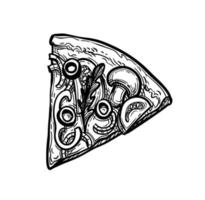 Sliced vegetarian pizza topped with mushrooms, olives and arugula. Ink sketch isolated on white background. Hand drawn vector illustration. Retro style.