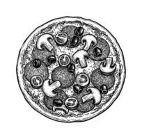 Pizza topped with mushrooms, olives and sausage. Ink sketch isolated on white background. Hand drawn vector illustration. Retro style.