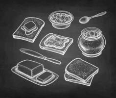 Breakfast set. Slices of toasted bread with butter nad jam. Chalk sketch on blackboard background. Hand drawn vector illustration. Vintage style stroke drawing.