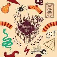 Magic items seamless pattern in flat style. School of Magic. Pumpkin, key, magic ball, feather, spider, purple hat, broom, skull, snake vector