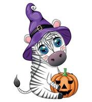 Cute zebra in witch hat, with broom, pumpkin jack, magic potion. Poster, card, label and decoration for Halloween vector