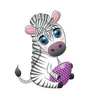 Zebra with Easter egg, flowers. Easter greeting card vector