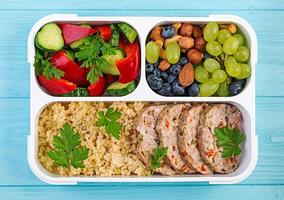 Lunch box  meatloaf, bulgur, nuts, cucumber  and berry. Healthy fitness food. Take away. Lunchbox. Top view photo