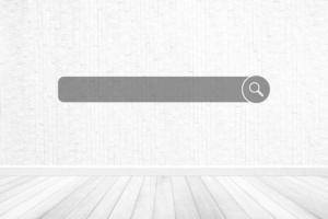 Search Bar with Magnifying Glass Icon on Brick Wall with Wooden Floor for Background, Suitable for Technology and Communication Concept. photo