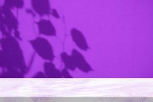 White Marble Table with Bokeh Light on Concrete Wall Texture Background in Dark Violet Tone, Suitable for Product Presentation Backdrop, Display, and Mock up. photo
