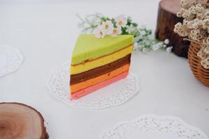 delicious rainbow cake slice as a background photo