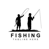 vector de icono de logotipo de pesca, pescar peces en el barco, diseño de silueta de puesta de sol al aire libre