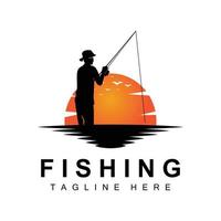 fishing logo icon vector, catch fish on the boat, outdoor sunset silhouette design vector