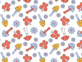 Seamless pattern in Groove style, retro 70s, 60s. Multi-colored fly agaric mushrooms with emotions, flowers and butterflies on a white background. Vector illustration of seamless background