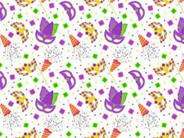 Carnival seamless pattern, Mardi Gras. Colorful pattern with Masquerade Masks, Confetti and feathers on a white background. Vector illustration.