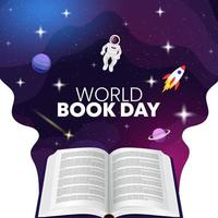 World book day background with an open book with outer space vector