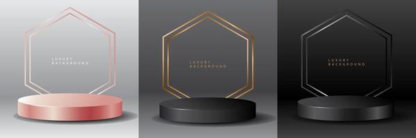 3D luxury background with realistic cylinder pedestal podium. Abstract vector rendering geometric forms. Mockup product display. Stand to show cosmetic products. Minimal wall scene. Stage showcase.