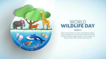 World wildlife day background with cutting paper animals vector