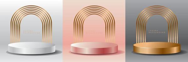 3D luxury background with realistic cylinder pedestal podium. Abstract vector rendering geometric forms. Mockup product display. Stand to show cosmetic products. Minimal wall scene. Stage showcase.