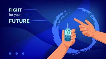 Glucose meter with a test strip in hand, another hand with blood drop on forefinger. Device for self check of glucose level, showing result. Healthcare concept with motivating slogan, shades of blue vector