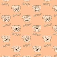 Cute dogs doodle seamless patern. Collection of dog faces with text Woof. Hand drawn isolated vector illustration in doodle style.Vector illustration