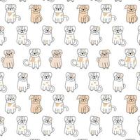 Hand Drawn Doodles Pets Seamless Patern.Collection of funny dogs in cartoon style with different color. Cute pet in daily routine, isolated on white background. Vector illustration