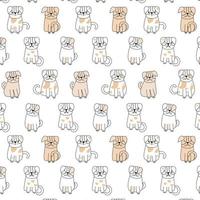 Hand Drawn Doodles Pets Seamless Patern.Collection of funny dogs in cartoon style with different color. Cute pet in daily routine, isolated on white background. Vector illustration