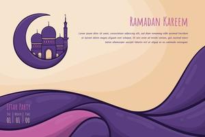 Ramadán kareem modelo en dibujos animados antecedentes con mezquita en creciente Luna diseño vector