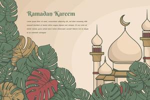 Monstera leaf background with mosque in hand drawn cartoon design for ramadan kareem template vector