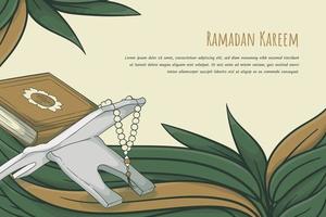 Ramadan kareem template with Qur'an and prayer beads template in cartoon leaf background design vector