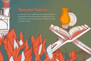 Qur'an with prayer beads and lantern behind the leaves background for ramadan kareem template design vector