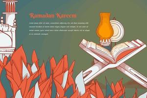 Qur'an with prayer beads and lantern behind the leaves background for ramadan kareem template design vector