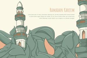 Leaf background in doodle art design with mosque minaret for ramadan kareem template design vector