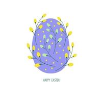 Easter egg, congratulations on the holiday of spring. Cute egg painted in green and mimosa flower ornament on isolated background. hand lettering vector