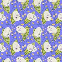 Cute repeating seamless pattern for Easter on a lilac background. Unpainted natural quail egg in a pattern with mimosa branches and flowers, green leaves. Easter background for textiles and design vector