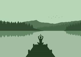 yoga a el lago con montañas en el fondo, vector ilustración.