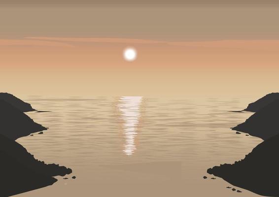 Illustration of a sunset over the sea with a reflection on the water