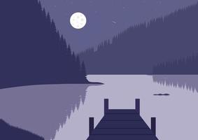 noche paisaje con un muelle y un lago. vector ilustración en plano estilo.