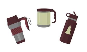Vector thermo mug set. Flat illustration of a coffee cup. Travel reusable bottle and tumbler for water drink