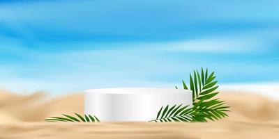 Summer background 3d Stand Podium with coconut palm leaves on Beach sand by Sea Shore with blue sky,Natural seascape tropical beach with blurred horizon,Vector backdrop banner cosmetic product display vector