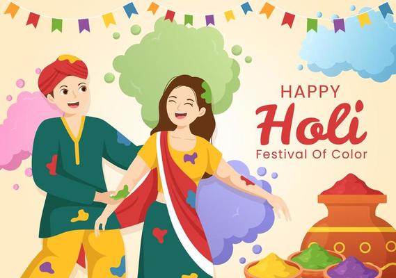 Happy Holi Festival Illustration with Colorful Pot and Powder In Hindi for  Web Banner or Landing Page in Flat Cartoon Hand Drawn Templates 19816113  Vector Art at Vecteezy