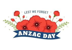 Anzac Day of Lest We Forget Illustration with Remembrance Soldier Paying Respect and Red Poppy Flower in Flat Hand Drawn for Landing Page Templates vector