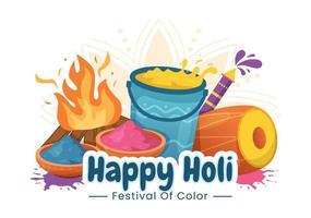 Happy Holi Festival Illustration with Colorful Pot and Powder In Hindi for Web Banner or Landing Page in Flat Cartoon Hand Drawn Templates vector