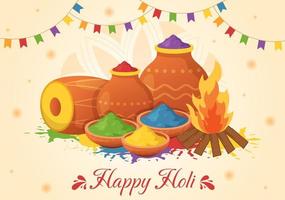 Happy Holi Festival Illustration with Colorful Pot and Powder In Hindi for Web Banner or Landing Page in Flat Cartoon Hand Drawn Templates vector