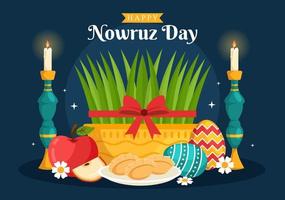 contento nowruz día o iraní nuevo año ilustración con césped semeni y pescado para web bandera o aterrizaje página en plano dibujos animados mano dibujado plantillas vector