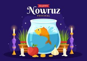 contento nowruz día o iraní nuevo año ilustración con césped semeni y pescado para web bandera o aterrizaje página en plano dibujos animados mano dibujado plantillas vector