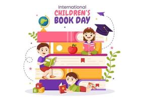 internacional para niños libro día en abril 2 ilustración con niños leyendo o escritura libros en plano dibujos animados mano dibujado para aterrizaje página plantillas vector