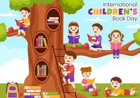 internacional para niños libro día en abril 2 ilustración con niños leyendo o escritura libros en plano dibujos animados mano dibujado para aterrizaje página plantillas vector