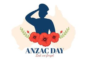 Anzac Day of Lest We Forget Illustration with Remembrance Soldier Paying Respect and Red Poppy Flower in Flat Hand Drawn for Landing Page Templates vector