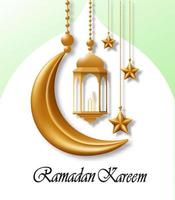 Ramadan kareem. Greeting card with gold decoration and elements of moon, stars, lanterns, vector illustration