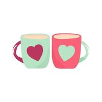 vector imagen de un par de té tazas con el imagen de corazones. en rosado y turquesa. mano dibujar estilo