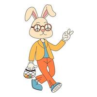 Groovy hippie Happy Easter character. Easter bunny in trendy retro 60s 70s cartoon style. vector