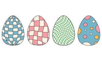 Groovy hippie Happy Easter. Set of Easter eggs with patterns in trendy retro 60s 70s style. vector