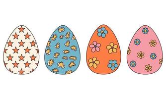 Groovy hippie Happy Easter. Set of Easter eggs with patterns in trendy retro 60s 70s style. vector